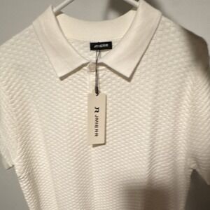 JMIERR White Geometric Textured Collared Men's Polo Shirt Short Sleeve Size L